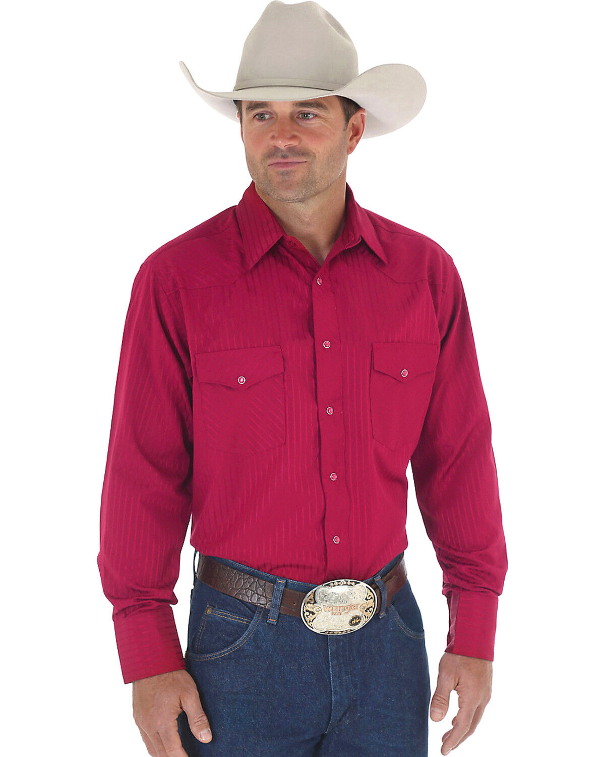 Image #1 - Wrangler Men's Tone On Tone Dobby Stripe Long Sleeve Western Shirt, Burgundy, hi-res