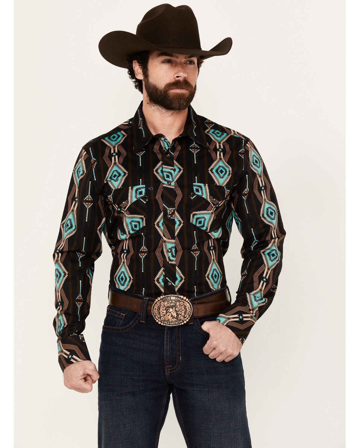 Image #1 - Rock & Roll Denim Men's Southwestern Print Long Sleeve Snap Stretch Western Shirt, Black, hi-res