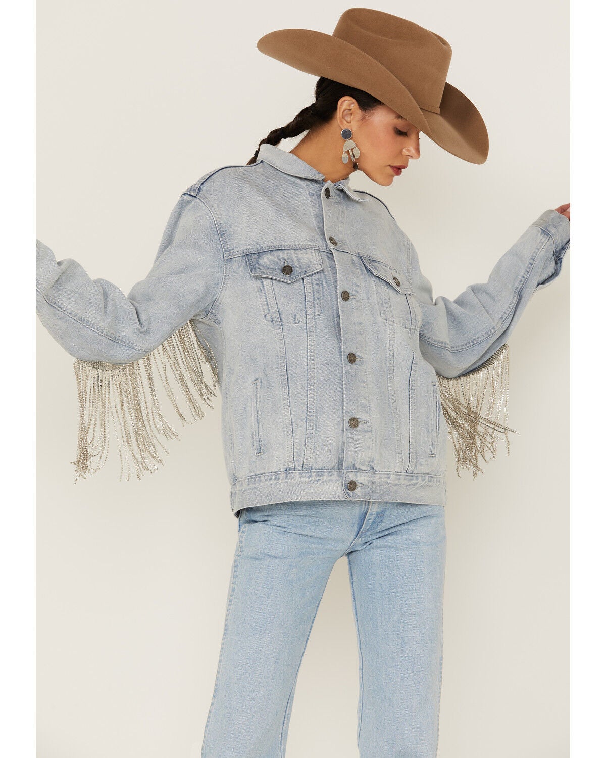 The Dylan Jacket by Daniel Diamond: Women's Blue Denim Jacket With Silver Fringe, Blue, hi-res