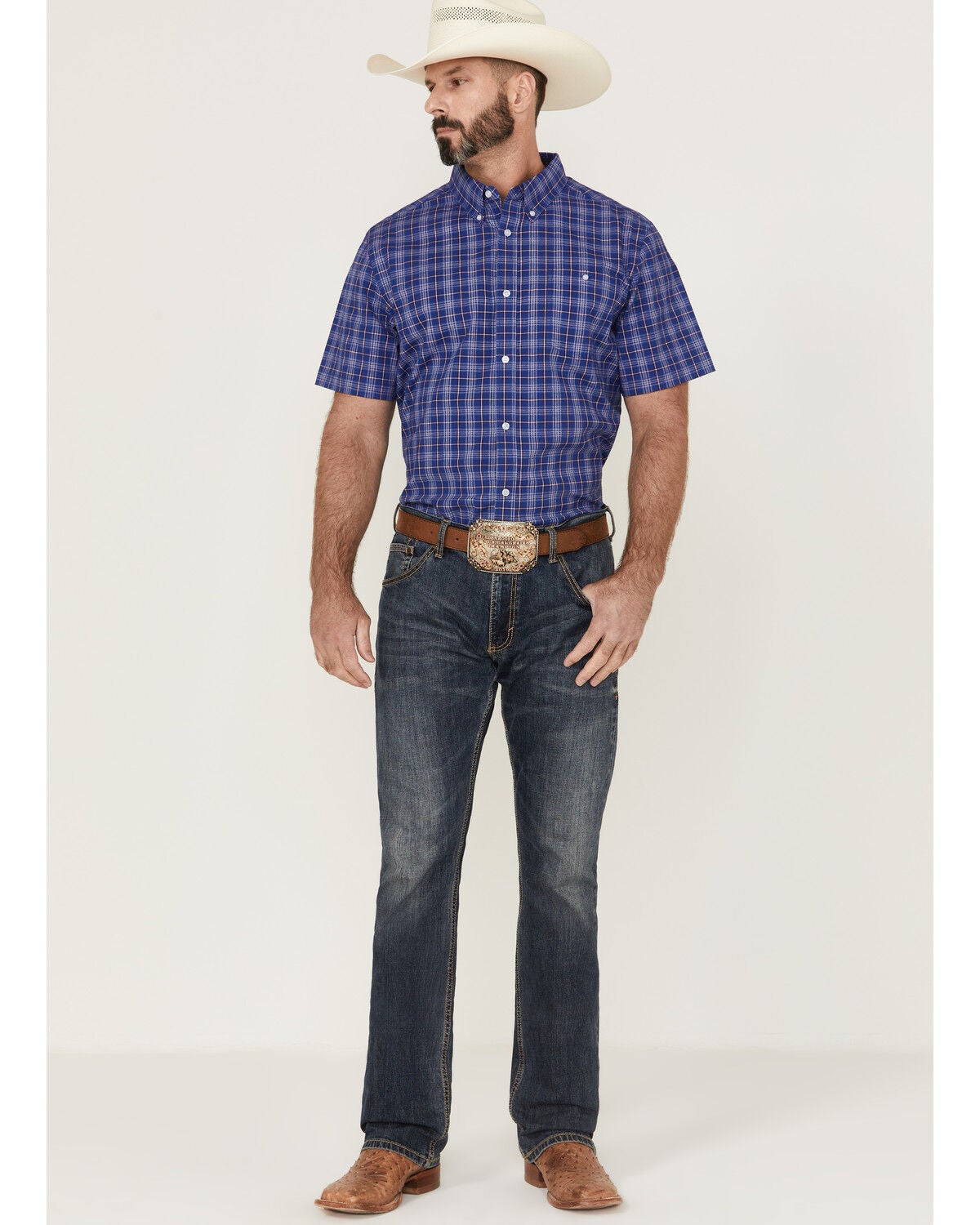 Image #2 - RANK 45&reg; Men's Charge Small Plaid Print Button-Down Western Shirt, Blue, hi-res