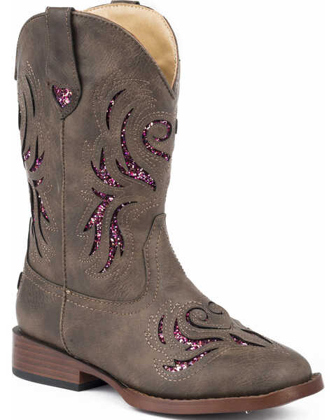 Roper Girls' Brown & Pink Glitter Breeze Western Boots - Square Toe , Brown, hi-res