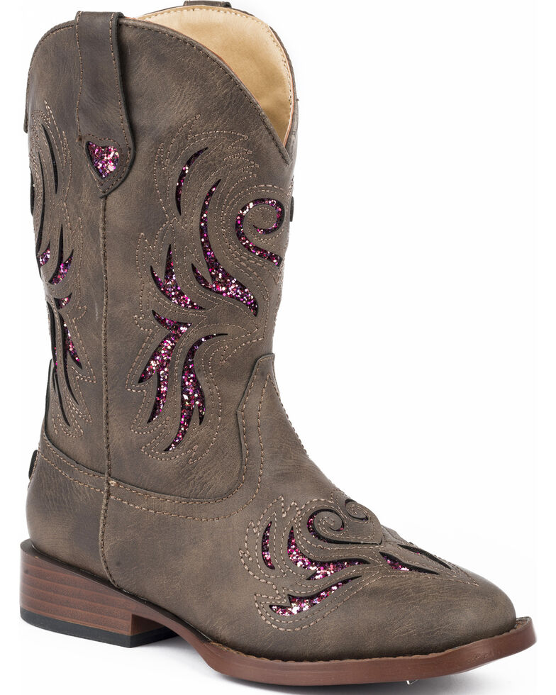 Roper Girls' Brown & Pink Glitter Breeze Cowgirl Boots - Square Toe , Brown, hi-res