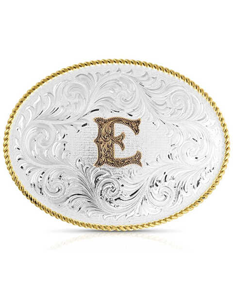 Montana Silversmiths Classic Western Oval Two-Tone Initial Belt Buckle - E, Silver, hi-res