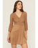 Image #1 - Shyanne Women's Faux Suede Lace Bell Sleeve Mini Dress, Coffee, hi-res