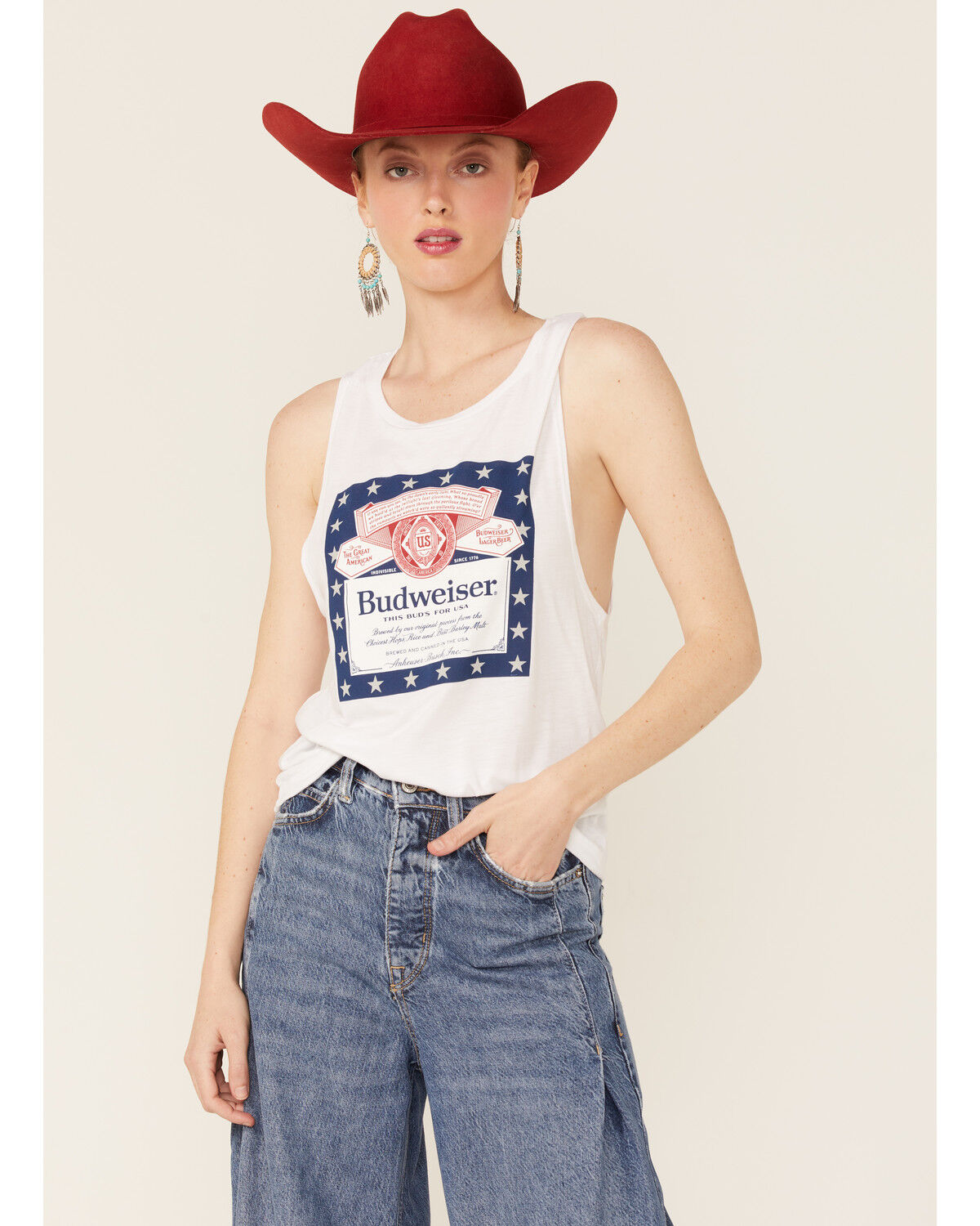 Image #1 - Brew City Beer Gear Women's White Patriotic Budweiser Graphic Muscle Tank, White, hi-res