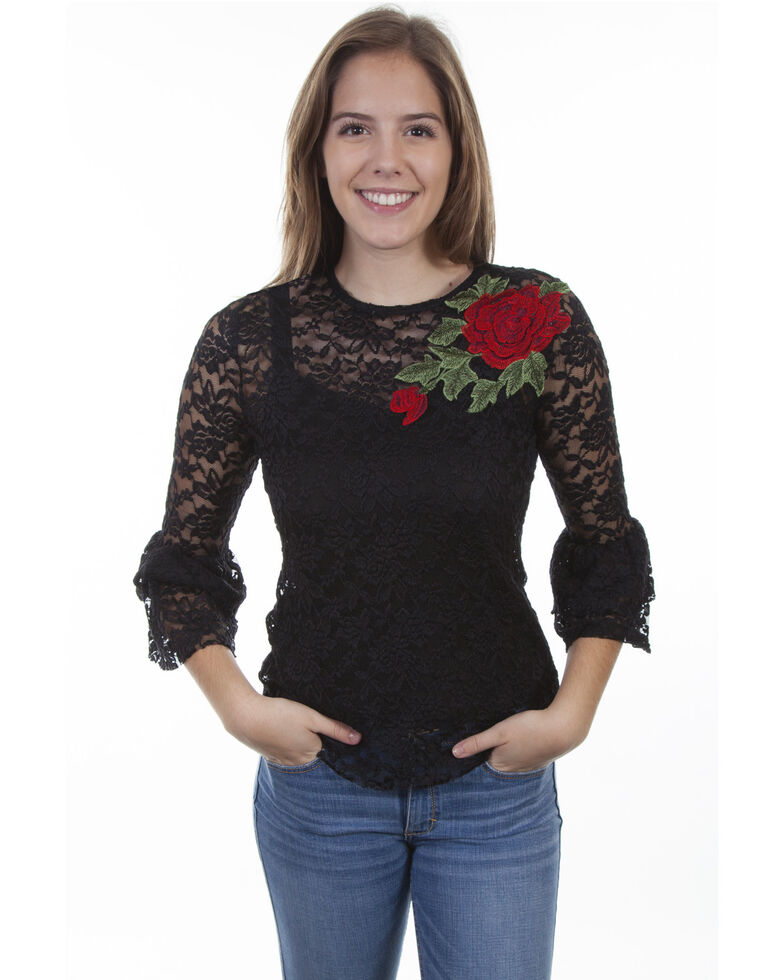 Honey Creek by Scully Women's Rose Applique Long Sleeve Lace Top , Black, hi-res