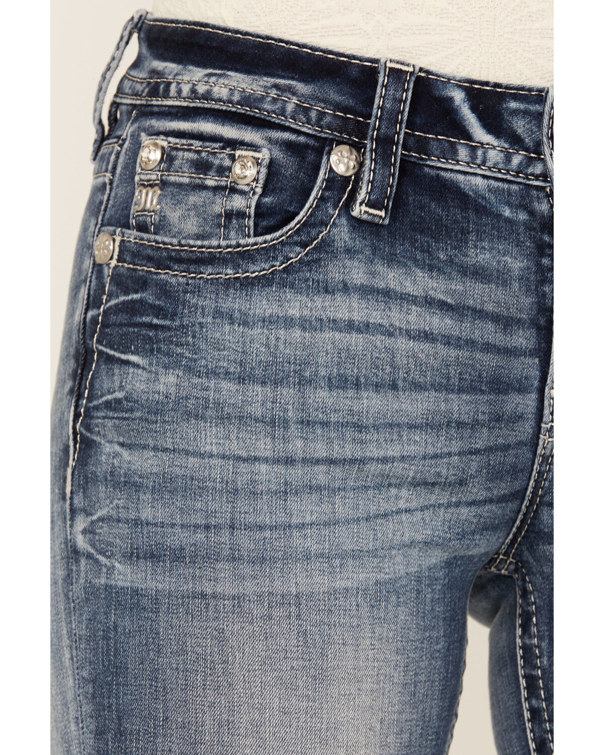 Image #4 - Miss Me Women's Medium Wash Wing Pocket Mid Rise Bootcut Stretch Denim Jeans, , hi-res