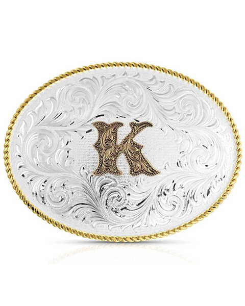 Montana Silversmiths Classic Western Oval Two-Tone Initial Belt Buckle - K, Silver, hi-res