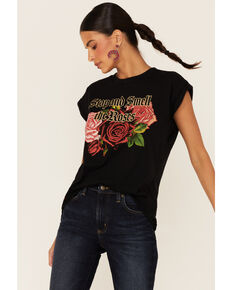 Rodeo Quincy Women's Stop & Smell The Roses Graphic Short Sleeve Muscle Tee , Black, hi-res