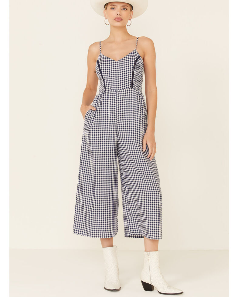 Tempted Women's Gingham Smocked Jumpsuit, Navy, hi-res