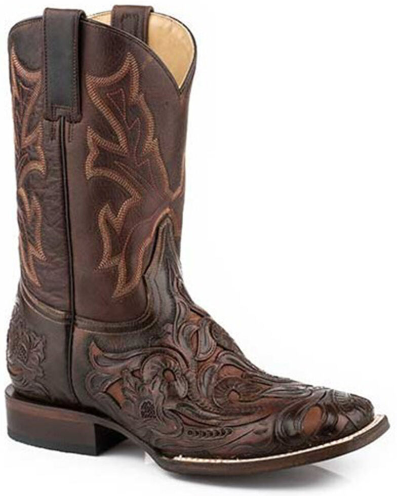 Stetson Men's Tooled Wicks Inlay Western Boots - Broad Square Toe , Brown, hi-res