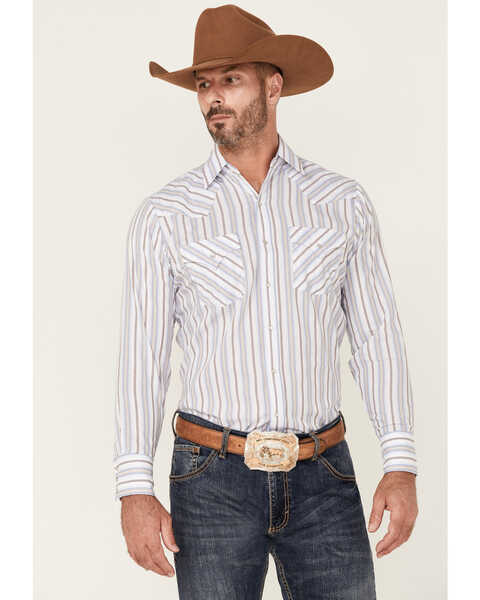 Ely Walker Men's White Stripe Long Sleeve Snap Western Shirt , White, hi-res