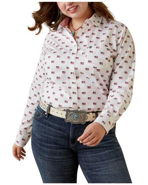 Ariat Women's Kirby USA Print Button-Down Long Sleeve Stretch Western Shirt - Plus , White, hi-res