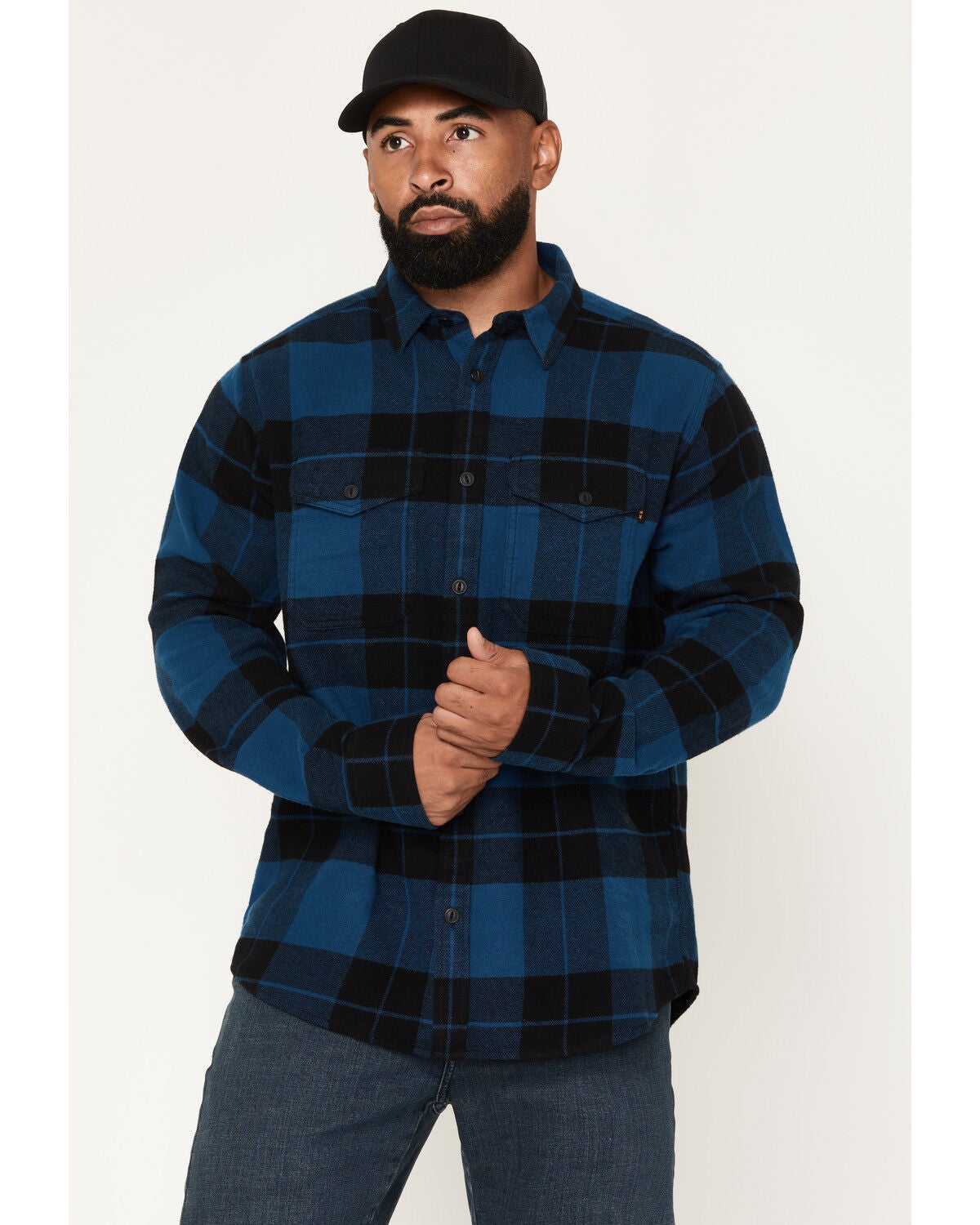 Image #1 - Hawx Men's Bull Plaid Print Long Sleeve Button-Down Flannel Shirt, Navy, hi-res