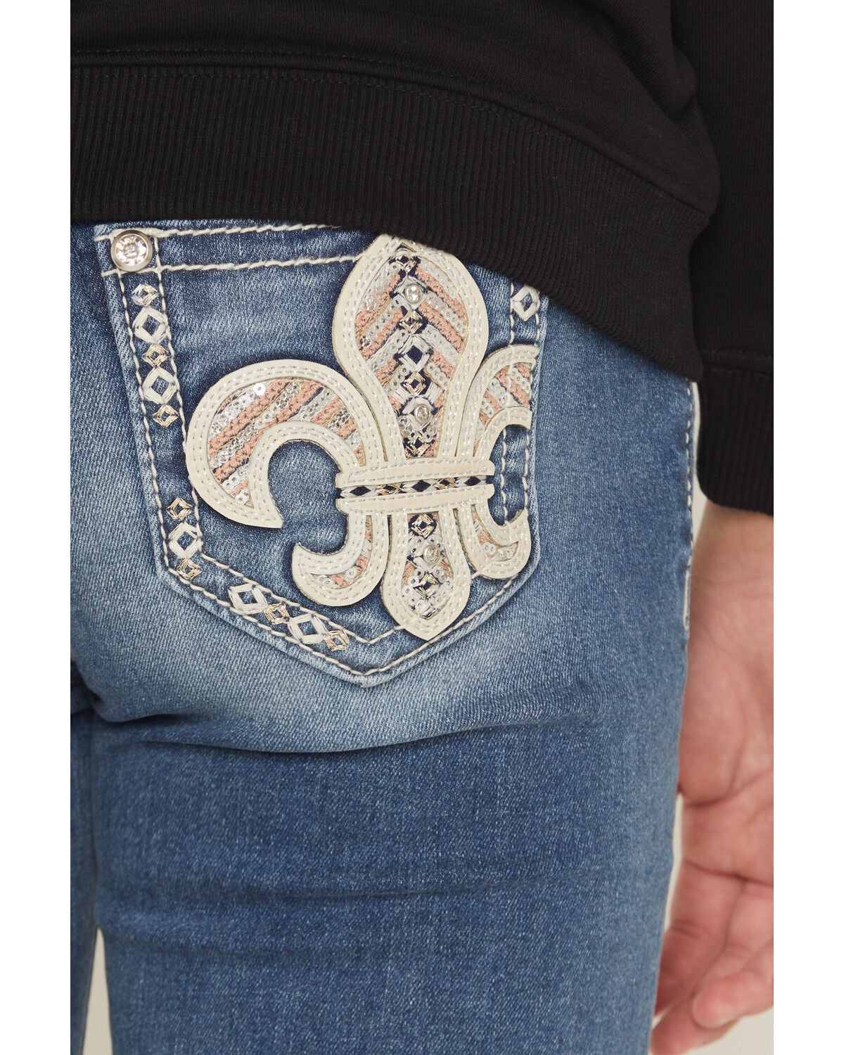 Image #4 - Miss Me Girls' Medium Wash Fleur de Lis Pocket Bootcut Denim Jeans, Medium Wash, hi-res