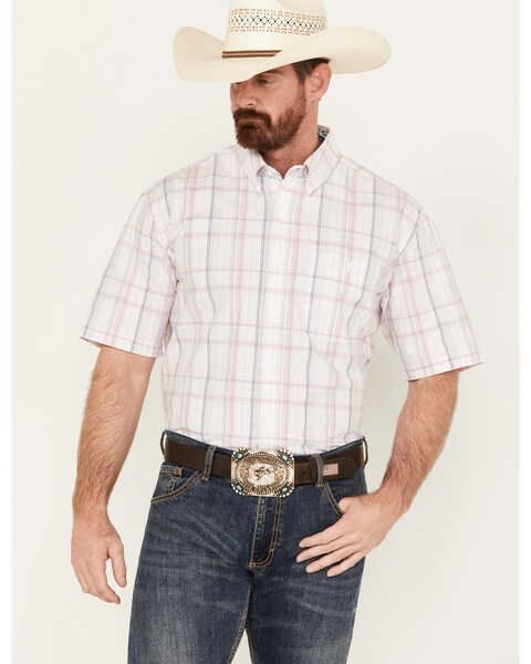 George Strait by Wrangler Men's Plaid Print Short Sleeve Button-Down Western Shirt - Big, White, hi-res
