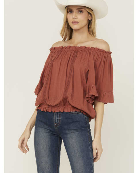 Band Of The Free Women's Solid Short Sleeve Off The Shoulder Blouse , Red, hi-res