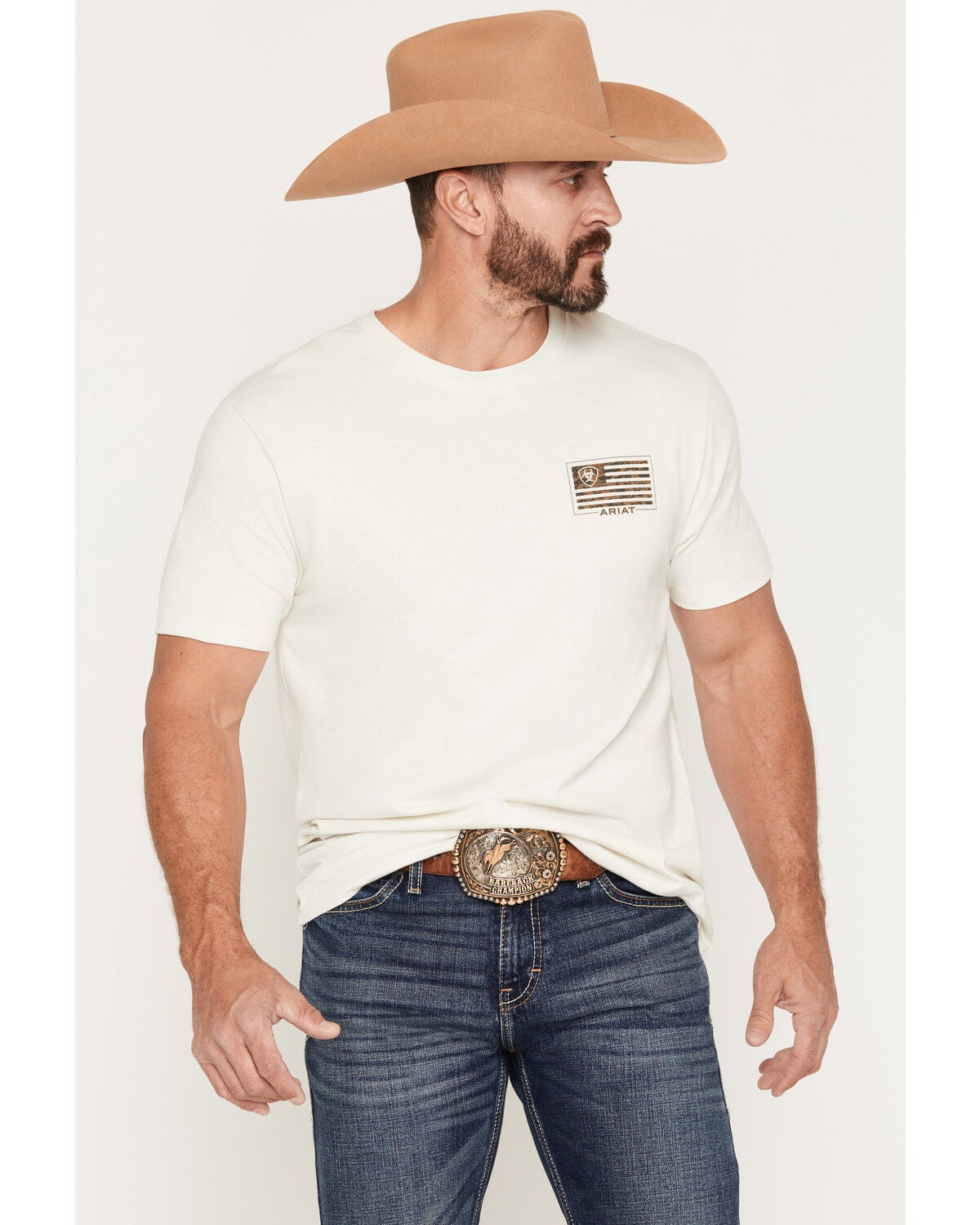 Image #2 - Ariat Men's Buckle Flag Patriot Short Sleeve Graphic T-Shirt, Light Grey, hi-res