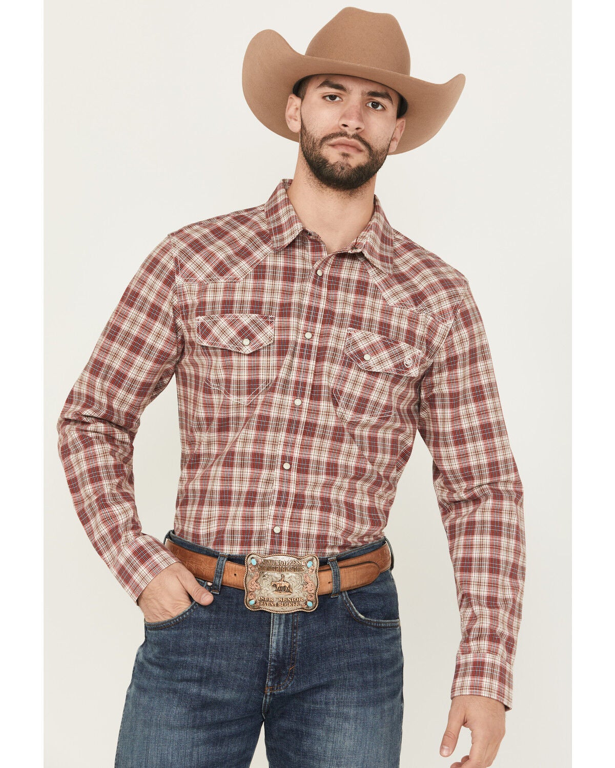 Blue Ranchwear Men's Mojave Plaid Print Long Sleeve Snap Western Shirt, Red, hi-res