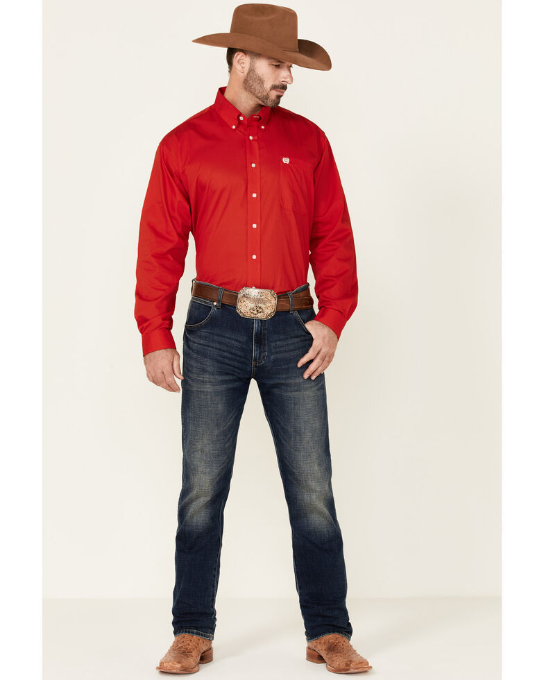 Cinch Men's Solid Button-Down Long Sleeve Western Shirt, Red, hi-res
