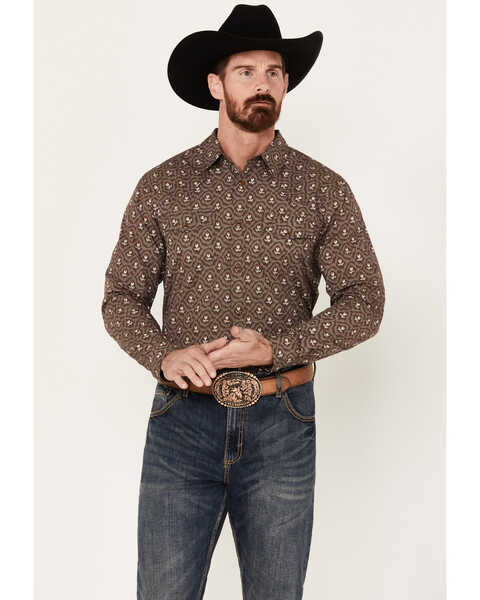 Gibson Trading Co. Men's Barbed Wire Floral Print Long Sleeve Snap Western Shirt, Coffee, hi-res