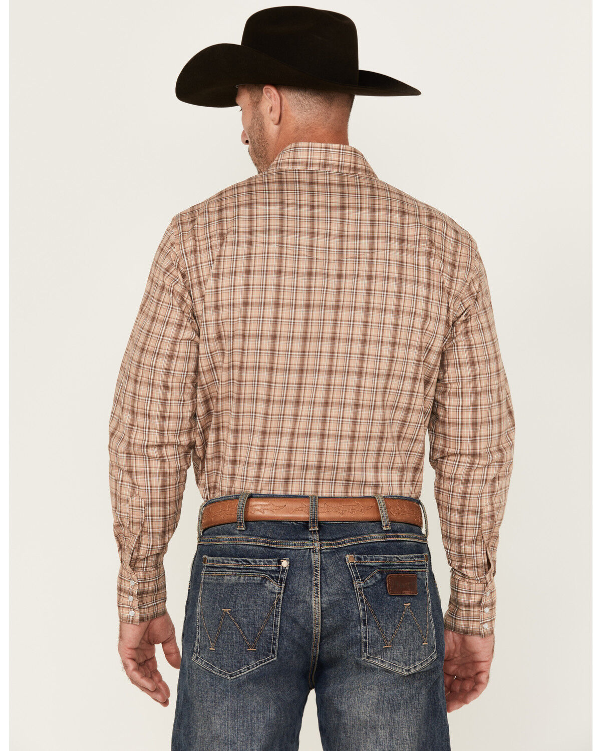 Image #4 - Wrangler Men's Wrinkle Resistant Plaid Print Long Sleeve Snap Stretch Western Shirt, Brown, hi-res
