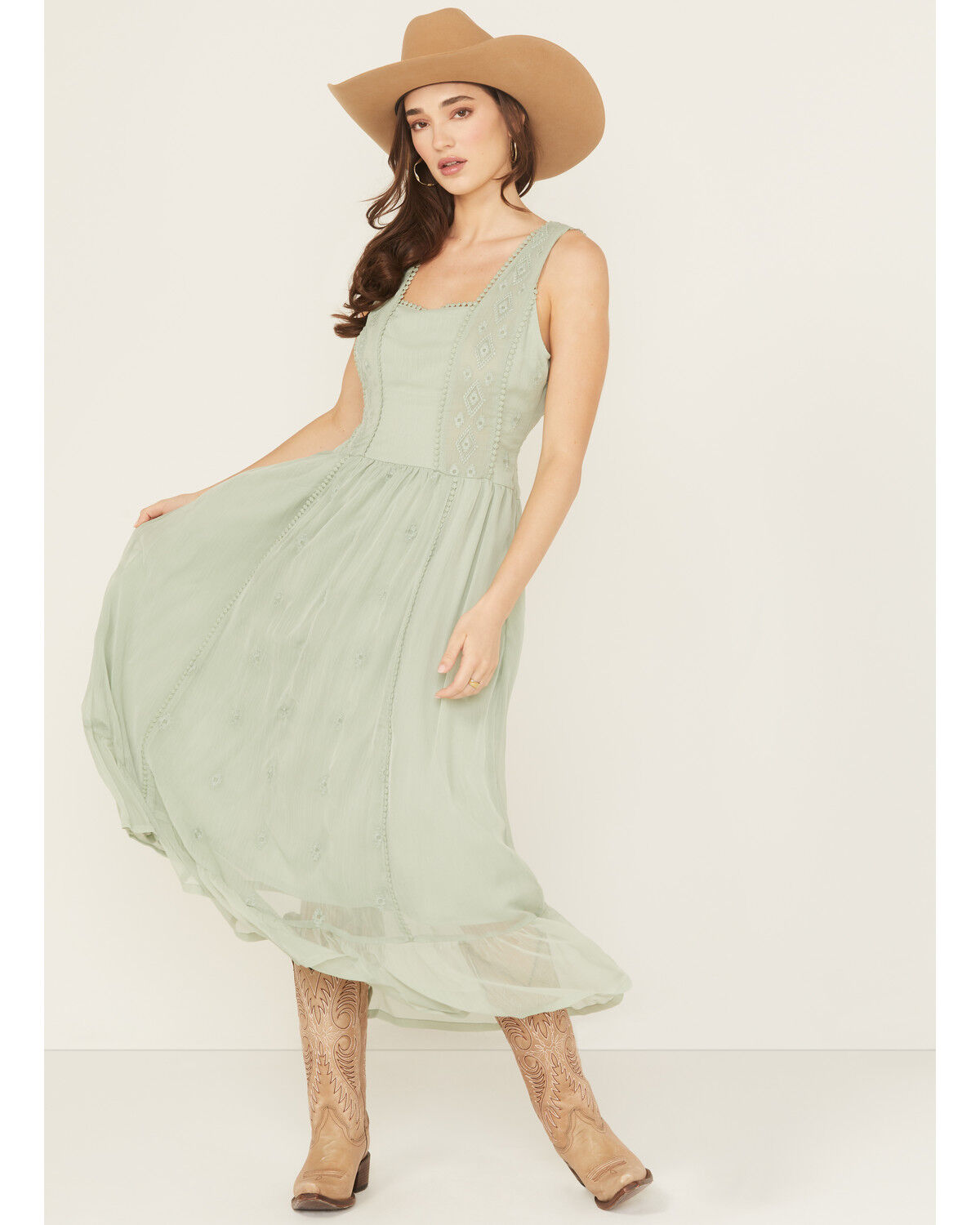 Image #2 - Panhandle Women's Chiffon Embroidered Sleeveless Midi Dress, Sage, hi-res