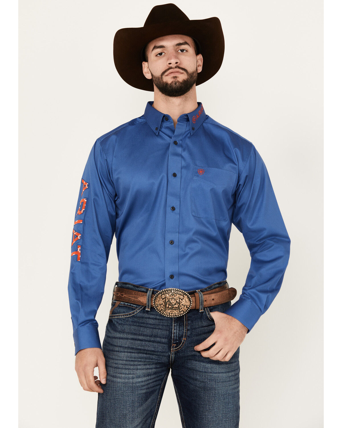 Image #1 - Ariat Men's Team Solid Twill Logo Long Sleeve Button-Down Western Shirt, Dark Blue, hi-res