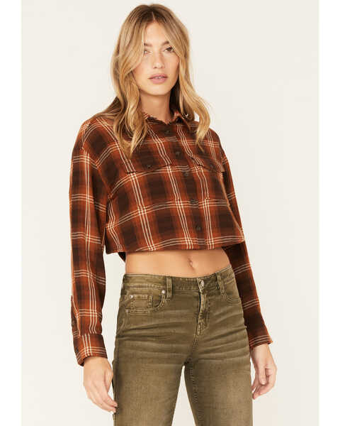 Image #1 - Cleo + Wolf Women's Plaid Print Cropped Shirt, Brown, hi-res
