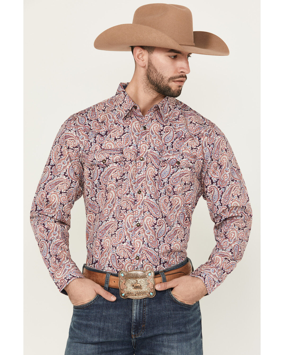 Image #1 - Moonshine Spirit Men's Opre Paisley Print Long Sleeve Snap Western Shirt, Purple, hi-res