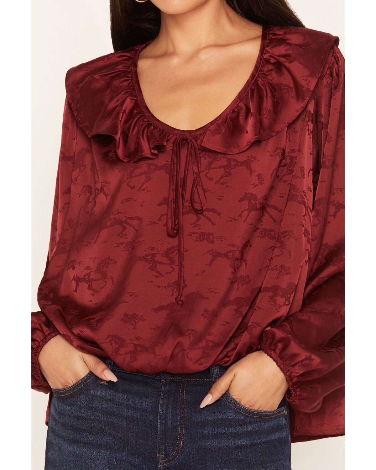 Image #3 - Wonderwest Women's Horse Jacquard Ruffle Bubble Hem Top, Dark Red, hi-res