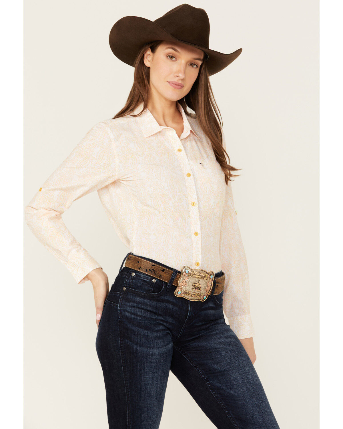 Image #2 - Ariat Women's Paisley Print VentTek Stretch Long Sleeve Button-Down Western Shirt, Yellow, hi-res