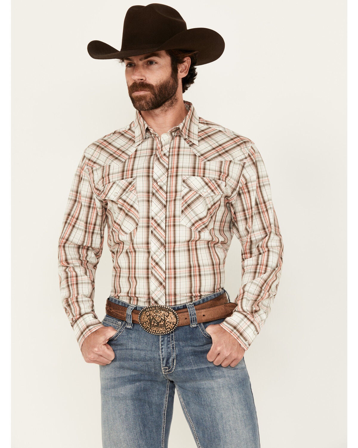 Image #1 - Wrangler 20X Men's Plaid Print Long Sleeve Snap Stretch Western Shirt, Brown, hi-res