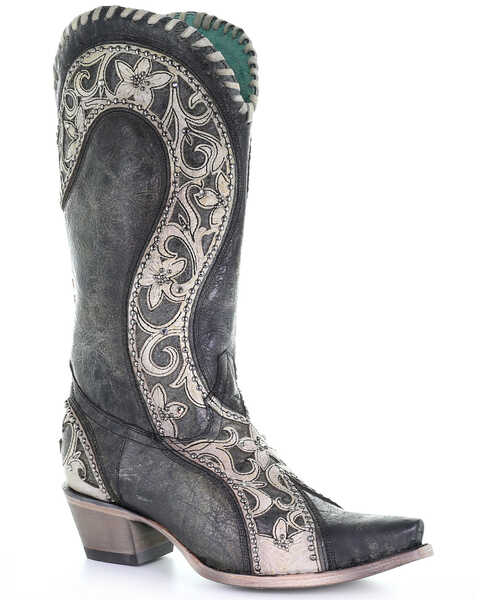 Image #1 - Corral Women's Black Overlay Western Boots - Snip Toe, Black, hi-res