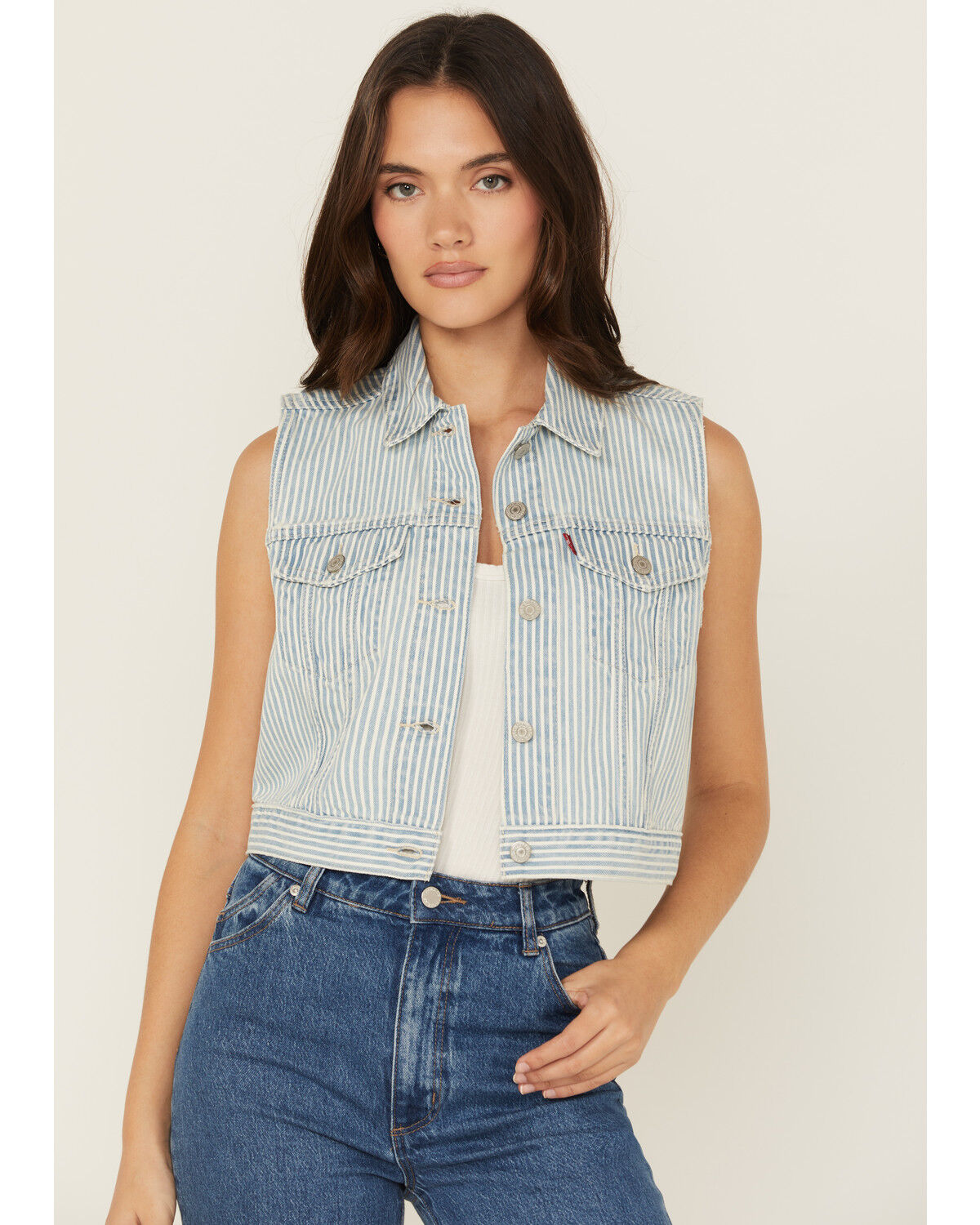Image #1 - Levi's Women's Light Wash Striped Vest, Light Wash, hi-res