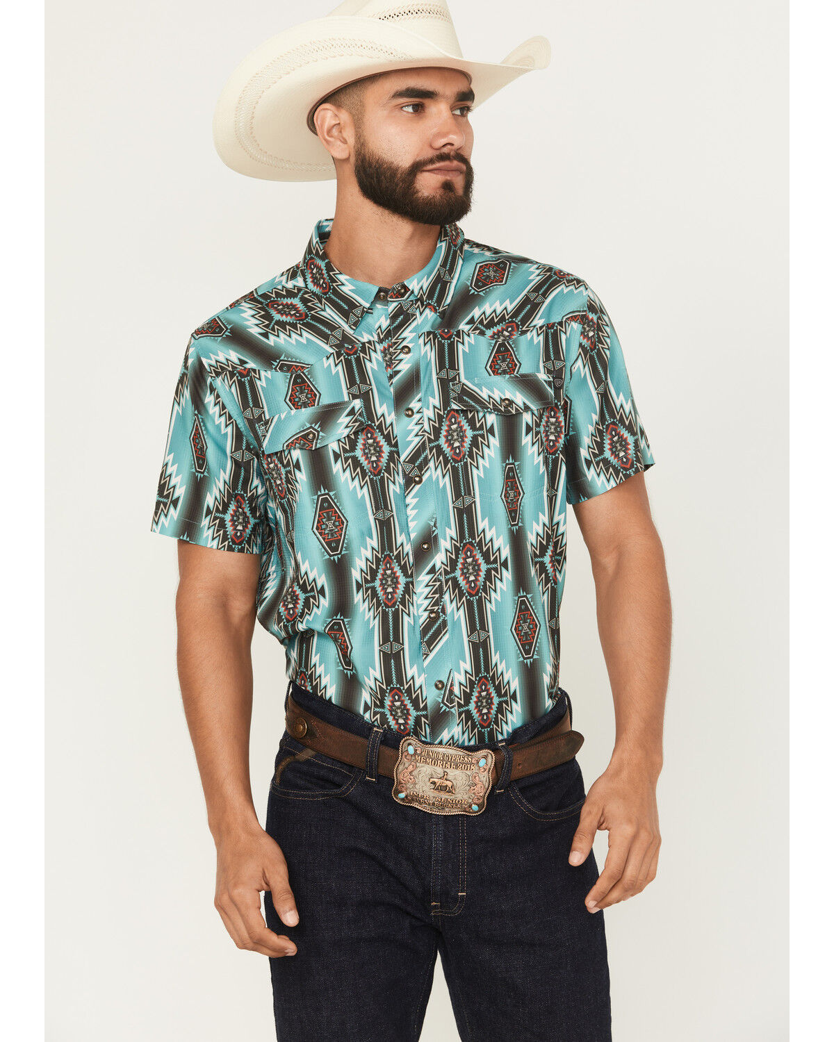 Image #1 - Rock & Roll Denim Men's Boot Barn Exclusive Tek Southwestern Short Sleeve Snap Stretch Western Shirt, Turquoise, hi-res