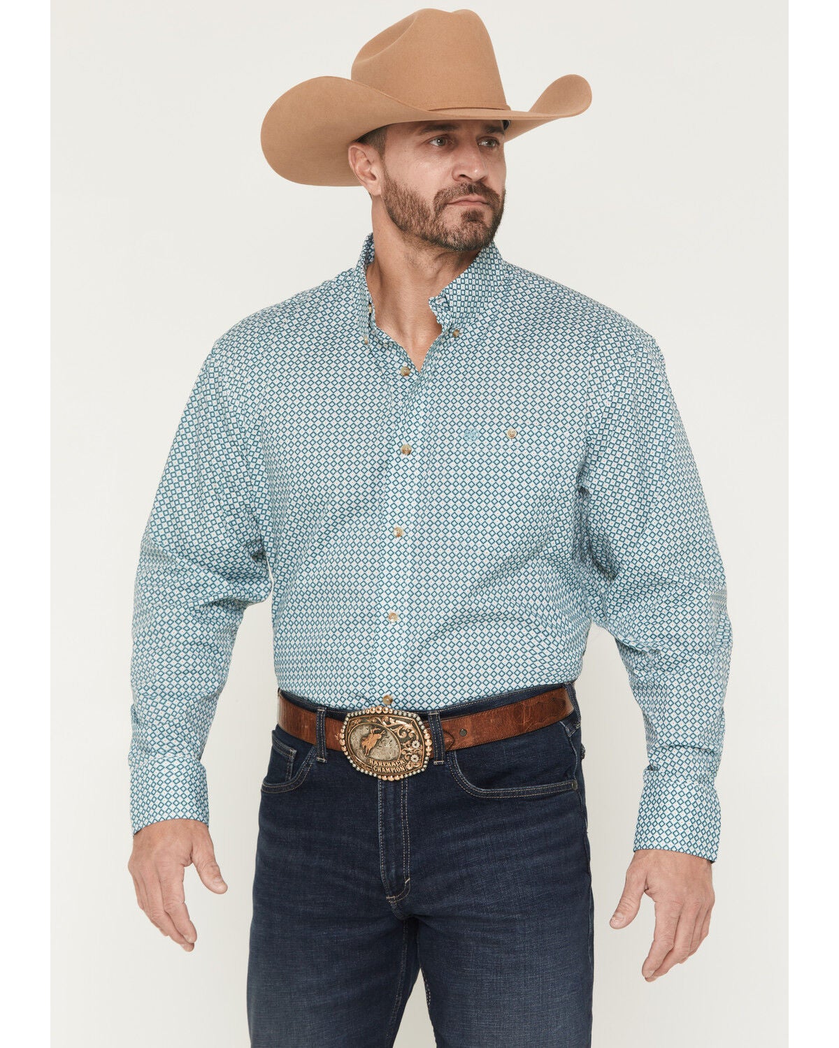 Wrangler Men's Classics Geo Print Long Sleeve Button-Down Western Shirt - Big, Turquoise, hi-res