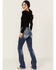 Image #1 - Miss Me Women's Medium Wash Dream Catcher Pocket Mid Rise Bootcut Stretch Denim Jeans, , hi-res