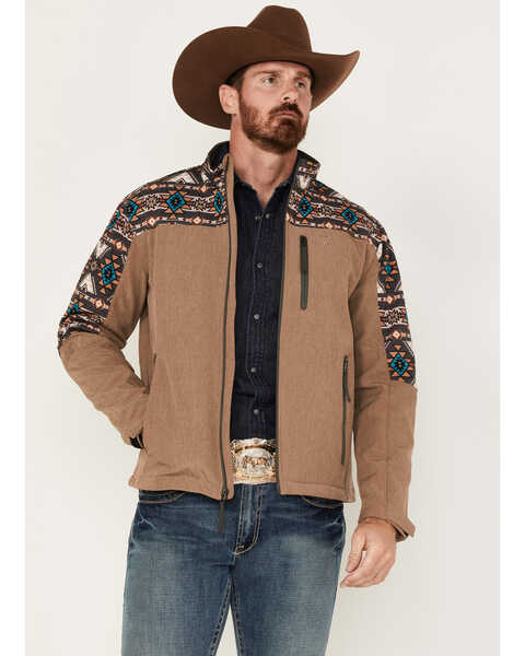 HOOey Men's Southwestern Color-Block Print Zip-Front Softshell Jacket , Tan, hi-res