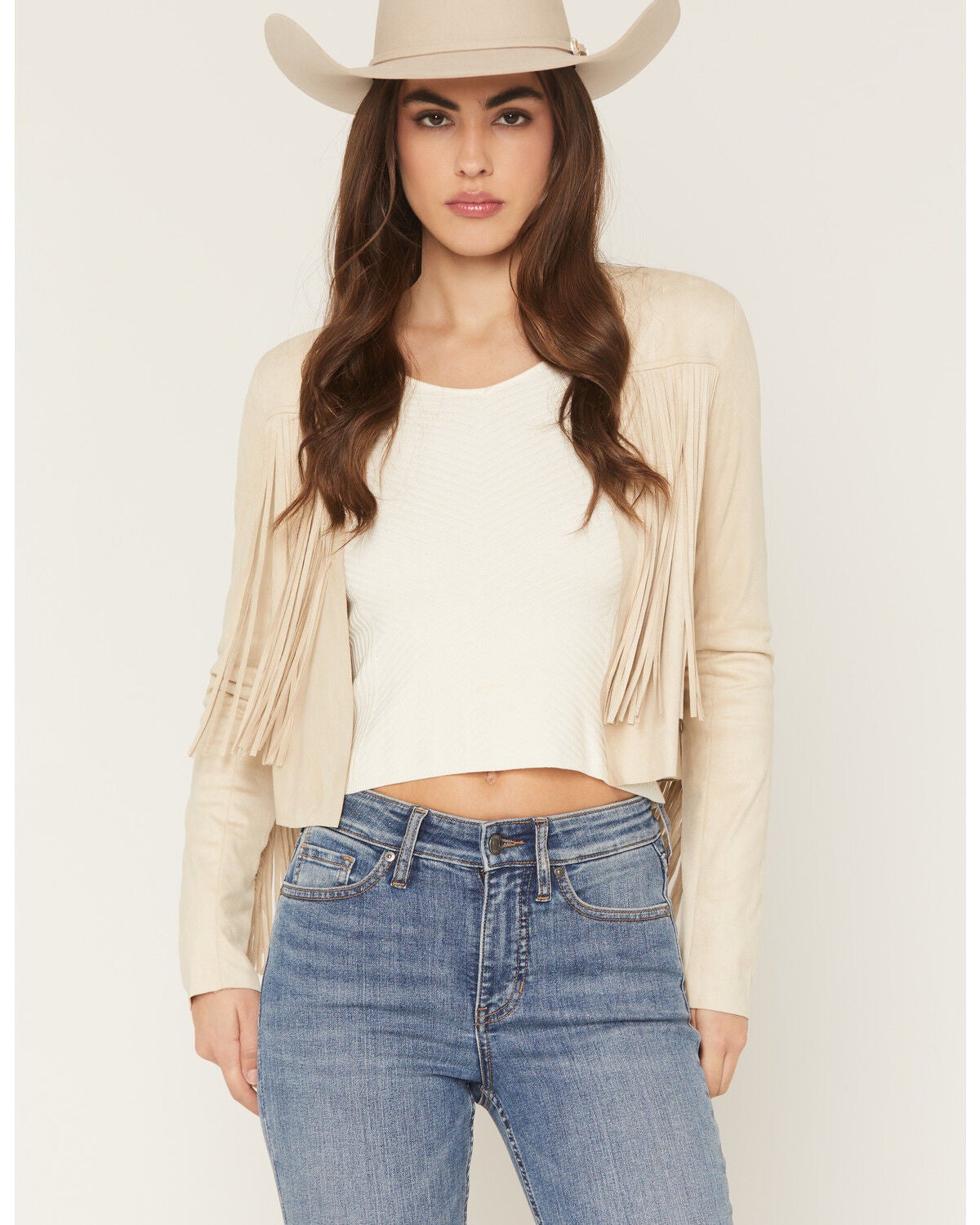 Image #1 - Shyanne Women's Deleon Faux Suede Cropped Fringe Jacket, Oatmeal, hi-res