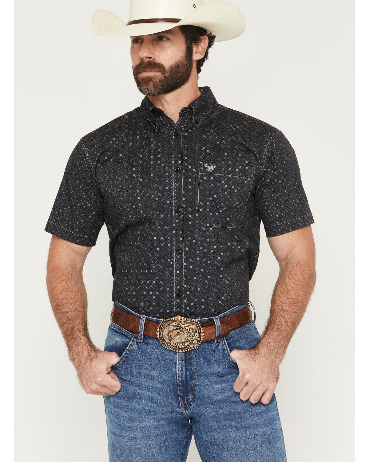 Image #1 - Cowboy Hardware Men's Wild Jewel Geo Print Short Sleeve Button-Down Stretch Western Shirt, Black, hi-res