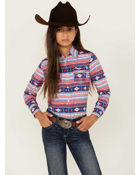 Panhandle Girls' Southwestern Striped Long Sleeve Pearl Snap Western Shirt, Multi, hi-res