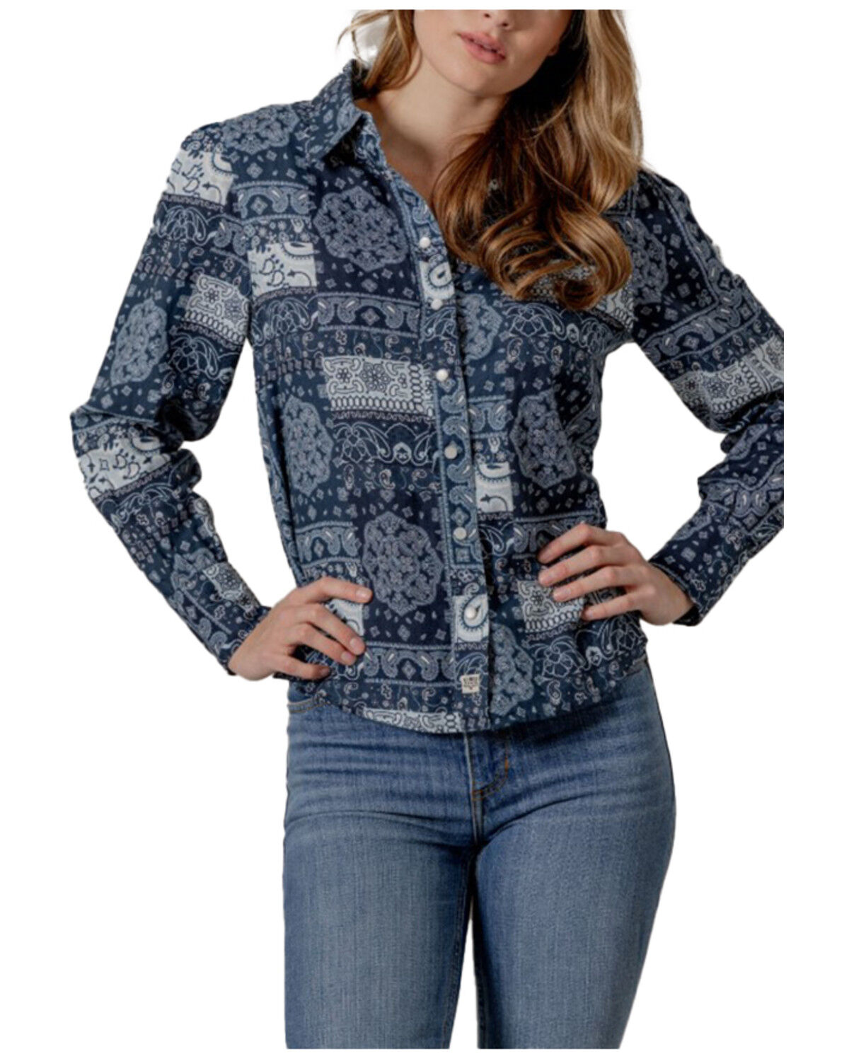 Image #1 - Kimes Ranch Women's Winnie Bandana Print Long Sleeve Button-Down Western Shirt, Blue, hi-res