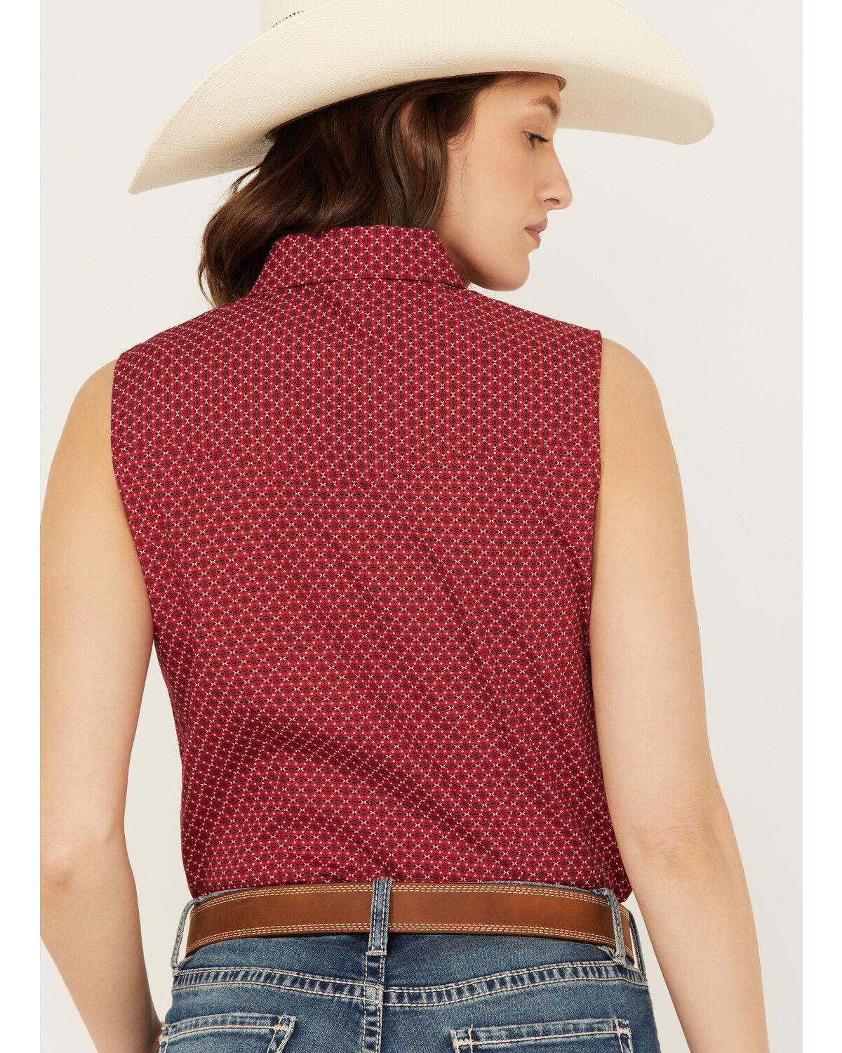 Image #4 - Ely Walker Women's Geo Print Sleeveless Pearl Snap Western Shirt, Red, hi-res