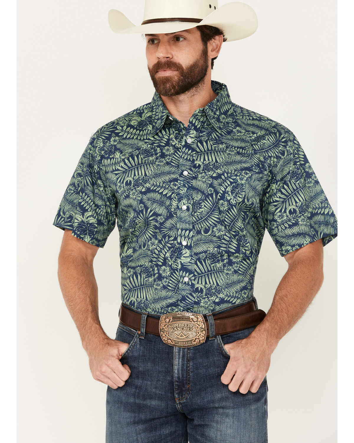 Image #1 - Roper Men's West Made Leaf and Horseshoe Print Short Sleeve Pearl Snap Western Shirt, , hi-res