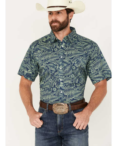 Roper Men's West Made Leaf and Horseshoe Print Short Sleeve Pearl Snap Western Shirt, Sage, hi-res