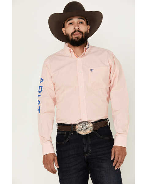 Image #2 - Ariat Men's Gerson Team Logo Micro Striped Fitted Long Sleeve Button-Down Western Shirt , Light Orange, hi-res