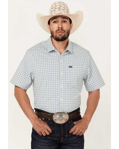 Kimes Ranch Men's Tucco Plaid Print Shirt Sleeve Button-Down Performance Western Shirt , Blue, hi-res