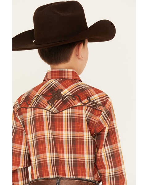 Image #4 - Roper Boys' Plaid Print Cowboy Embroidery Long Sleeve Pearl Snap Western Shirt, Rust Copper, hi-res