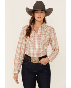 Wrangler Women's Blush Plaid Snap Western Shirt, Blush, hi-res